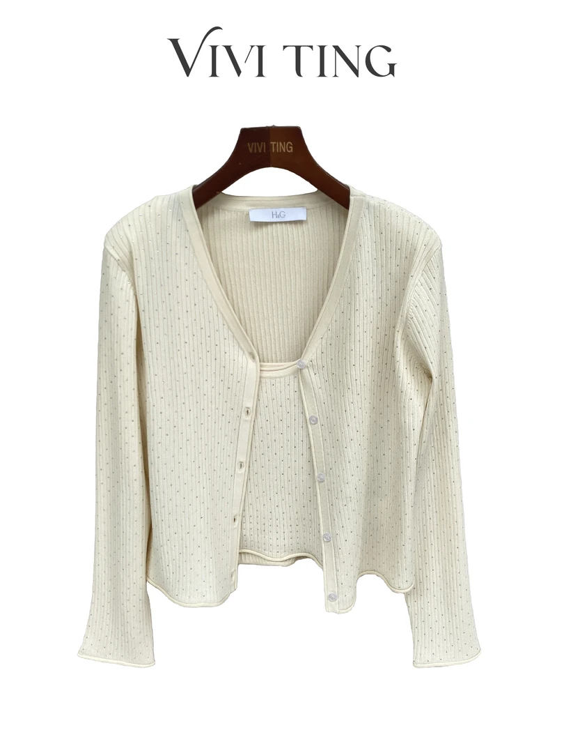 【VIVI·TING】婷姐推荐满天星烫钻显瘦吊带开衫两件套针织衫套装