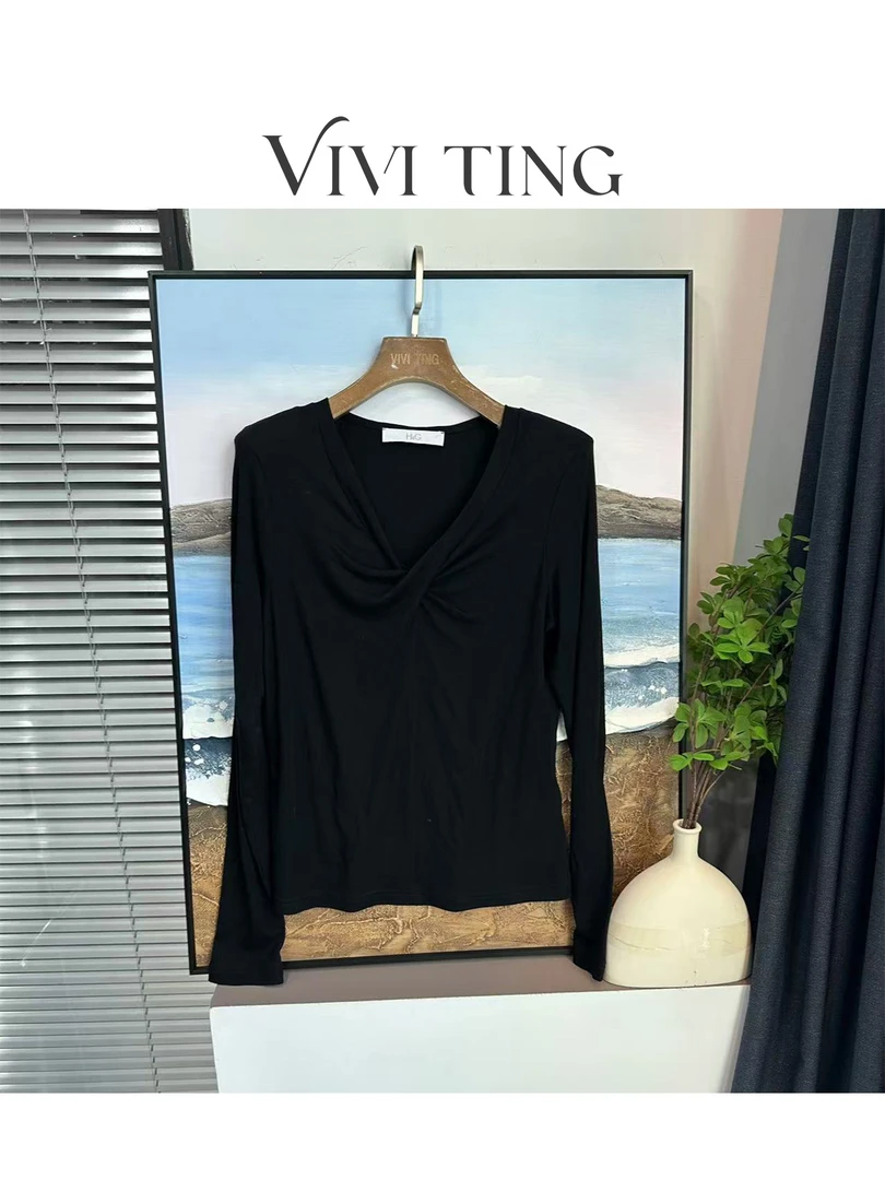 【VIVI·TING】婷姐推荐时尚纯色V领前褶皱垫肩长袖上衣F231