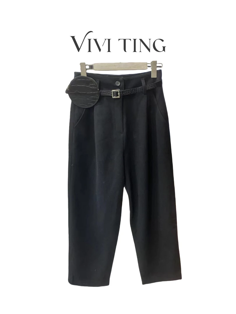 【VIVI·TING】婷姐推荐秋季设计款黑色腰带带小包一粒扣休闲裤F554