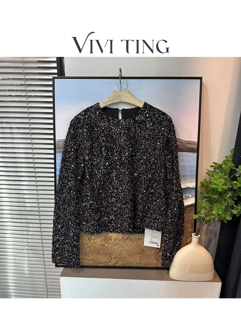 【VIVI·TING】婷姐推荐秋冬季时尚小香风新款亮片杂色长袖上衣