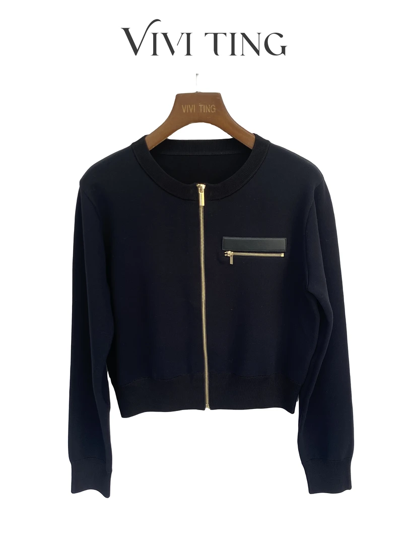 【VIVI·TING】婷姐推荐前拉链皮标针织圆领棒球服短外套上衣F261