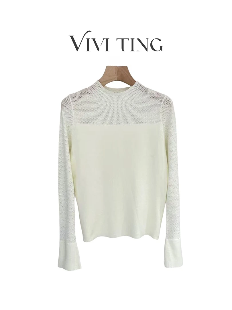 【VIVI·TING】婷姐推荐秋冬季时尚法式镂空拼接烫钻纯色羊毛衫F376