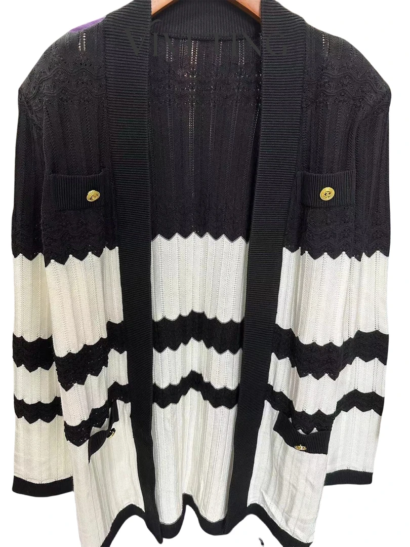 【VIVI·TING】婷姐推荐慵懒感撞色条纹金扣中长款条纹毛衣开衫s198