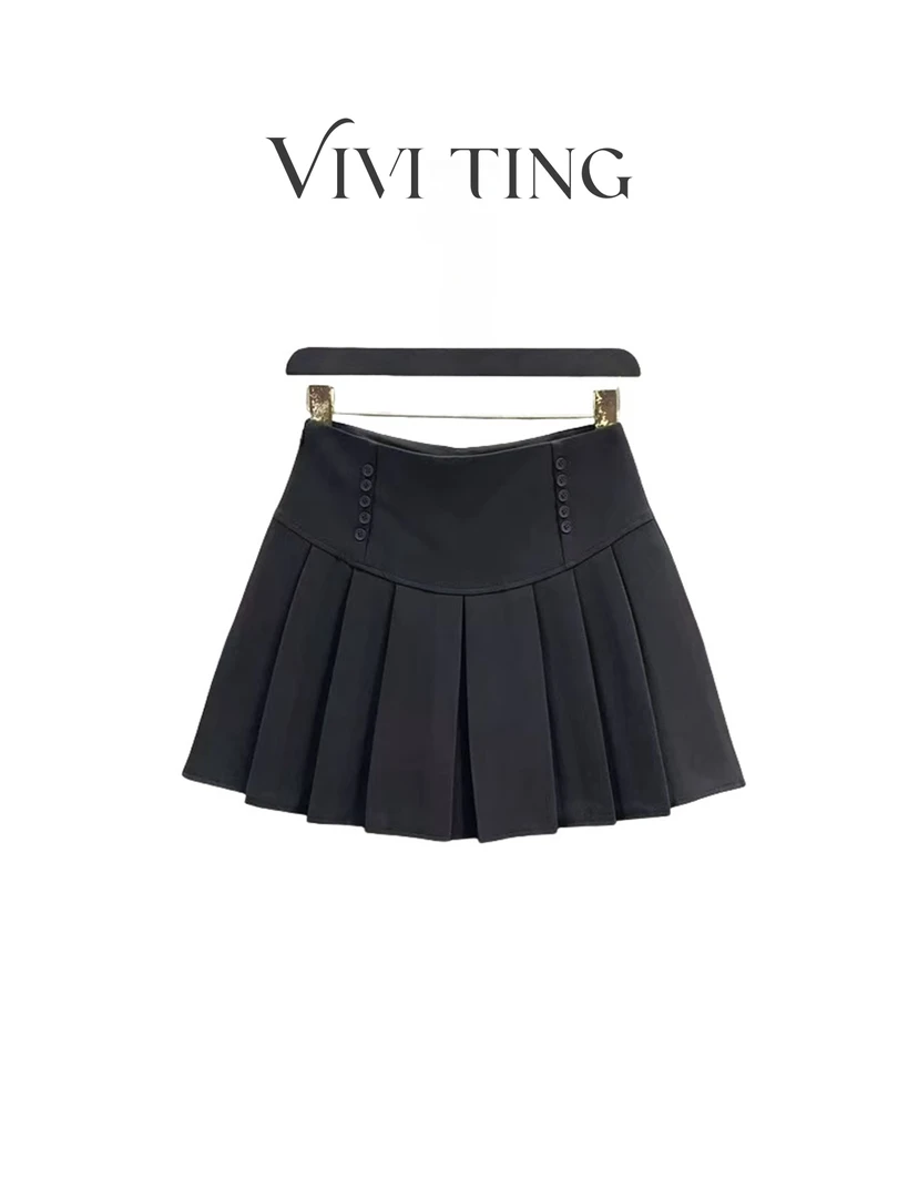 【VIVI·TING】婷姐推荐时尚新款双排扣装饰纯色百褶裙短裙k293