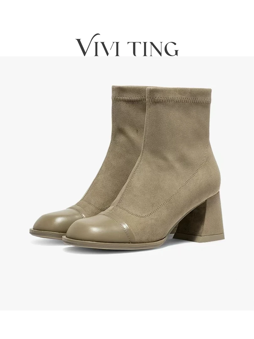 【VIVI·TING】婷姐推荐秋冬新款百搭圆头拼接时装靴粗跟高跟中筒靴