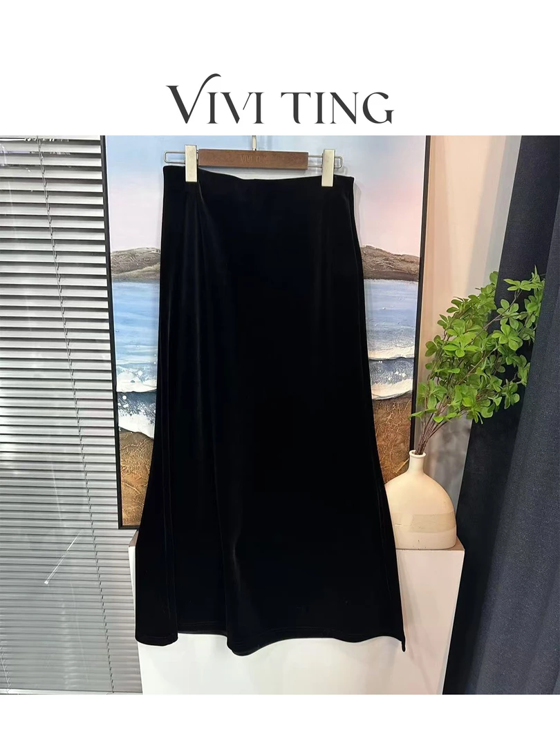 【VIVI·TING】婷姐推荐秋季时尚法式纯色侧下开叉丝绒感半身裙F595