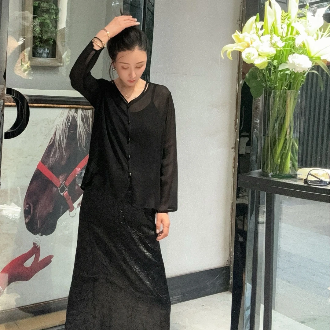 【VIVI·TING】婷姐推荐单排扣露肩气质款黑纱防晒衣轻薄透气s524