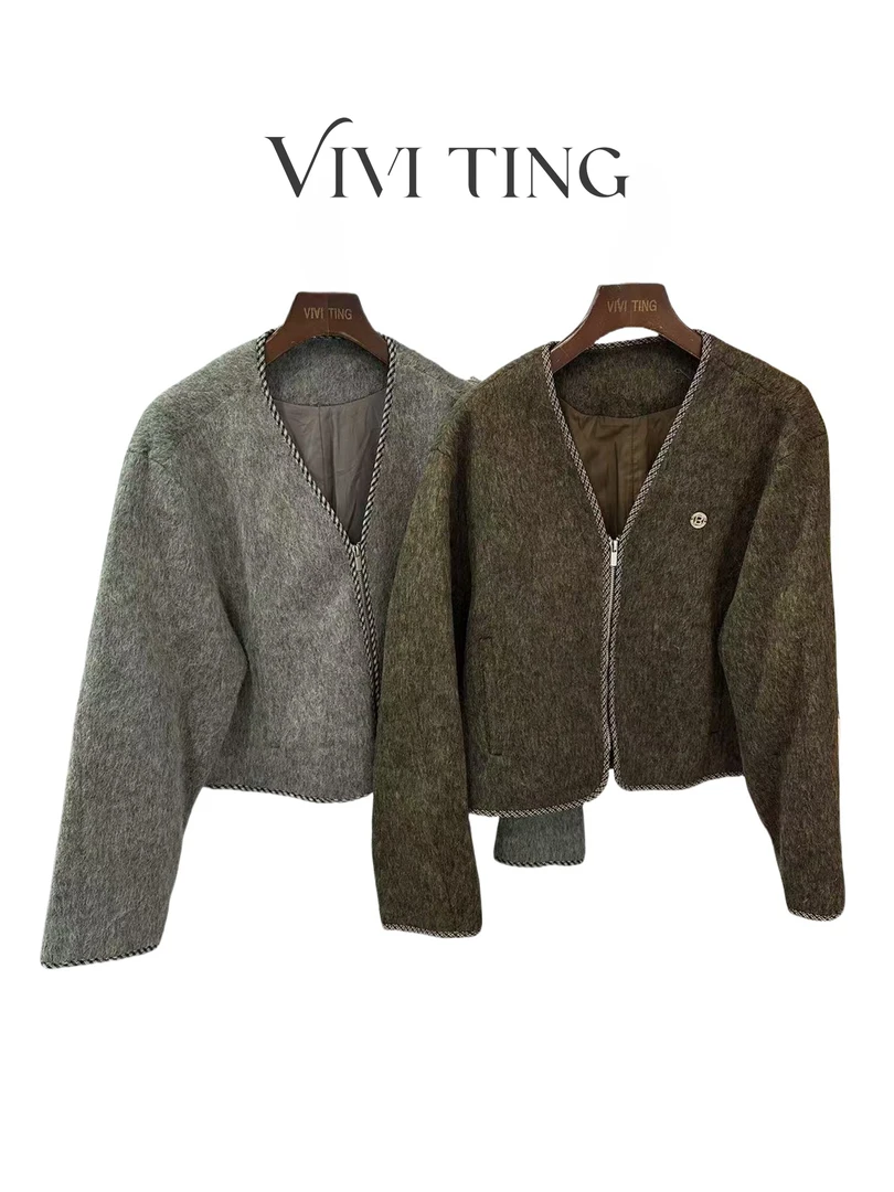 【VIVI·TING】婷姐推荐秋冬季休闲V领前拉链一粒扣毛毛外套F482