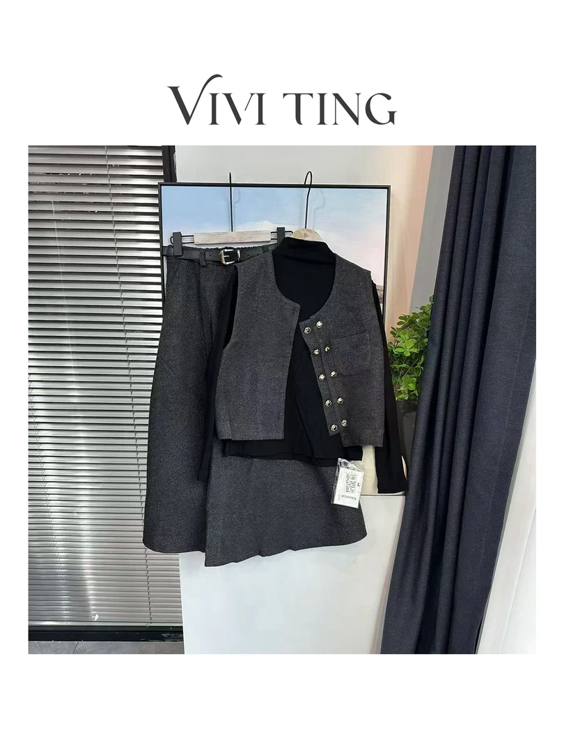 【VIVI·TING】婷姐推荐秋冬季套装双排扣马甲腰带半身裙三件套s349