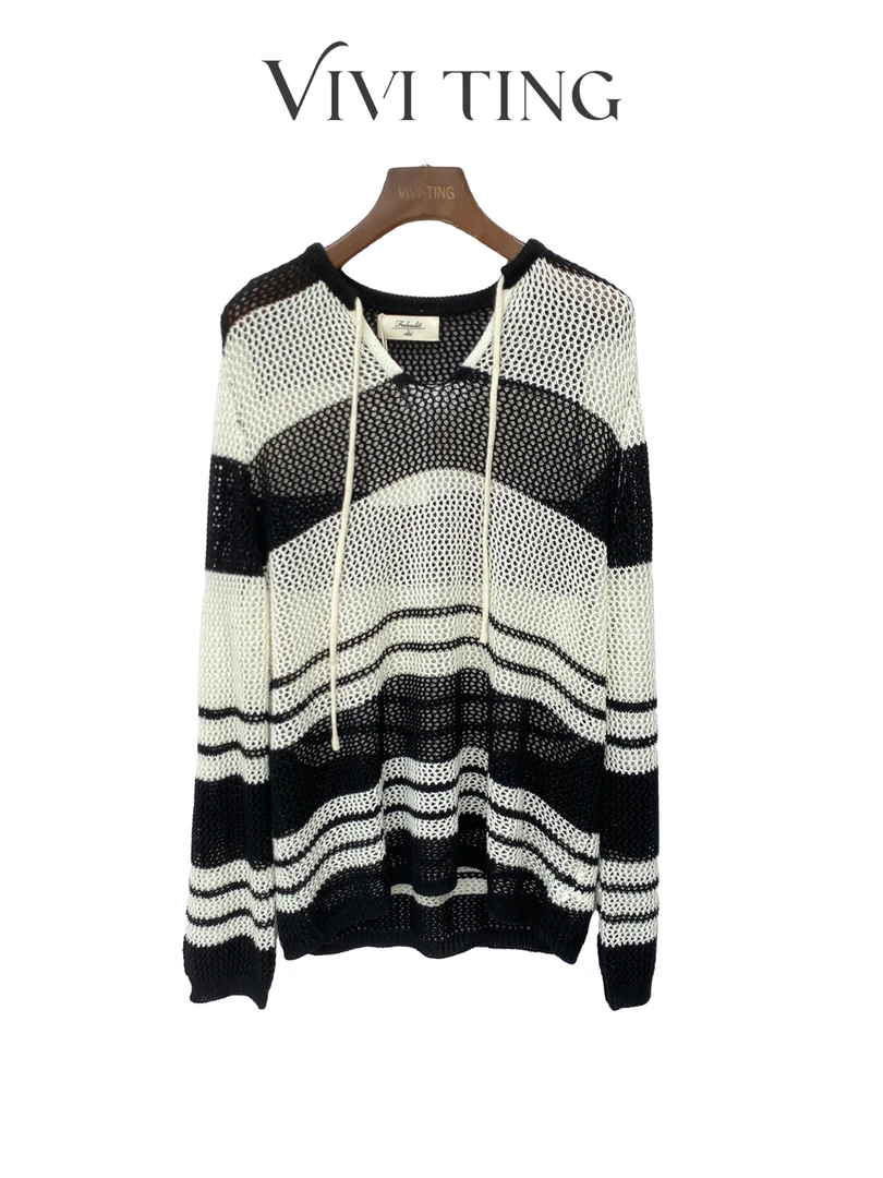 【VIVI·TING】婷姐推荐V领镂空撞色条纹慵懒风抽绳打底衫s325