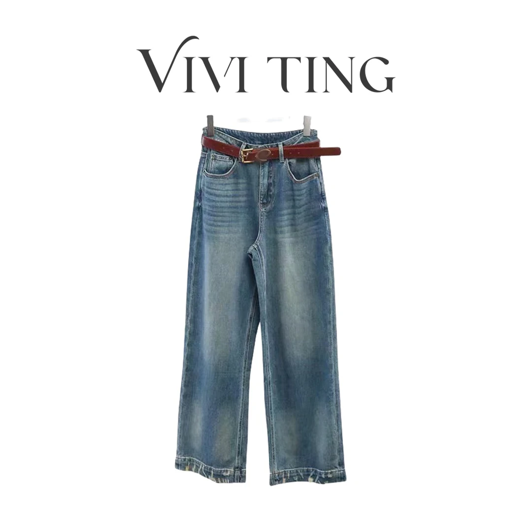 【VIVI·TING】婷姐推荐百搭复古红腰带裤脚破边直筒牛仔裤k209