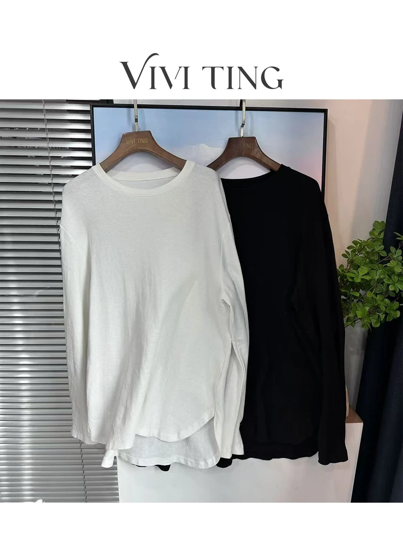 【VIVI·TING】婷姐推荐休闲百搭纯色净版袖扣下开叉长袖T恤上衣s331