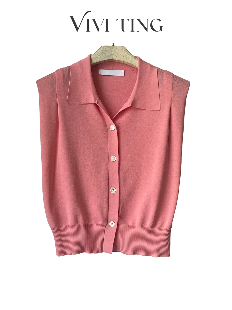 【VIVI·TING】婷姐推荐polo领飞飞袖单排扣宽松坎肩马甲针织开衫F45