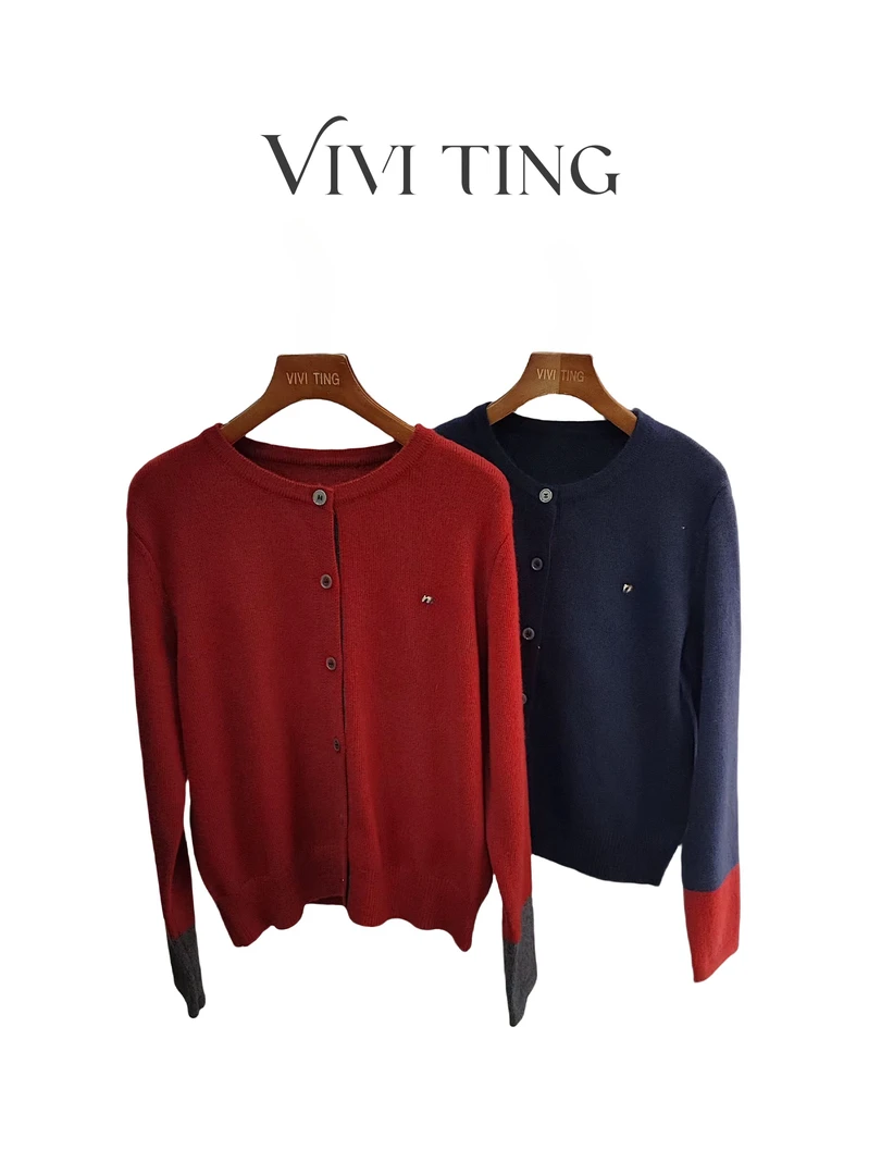 【VIVI·TING】婷姐推荐秋冬时尚小众设计感拼接袖扣撞色M单排扣上衣
