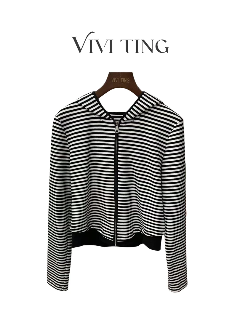 【VIVI·TING】婷姐推荐休闲撞色条纹小标刺绣前拉链连帽外套F678