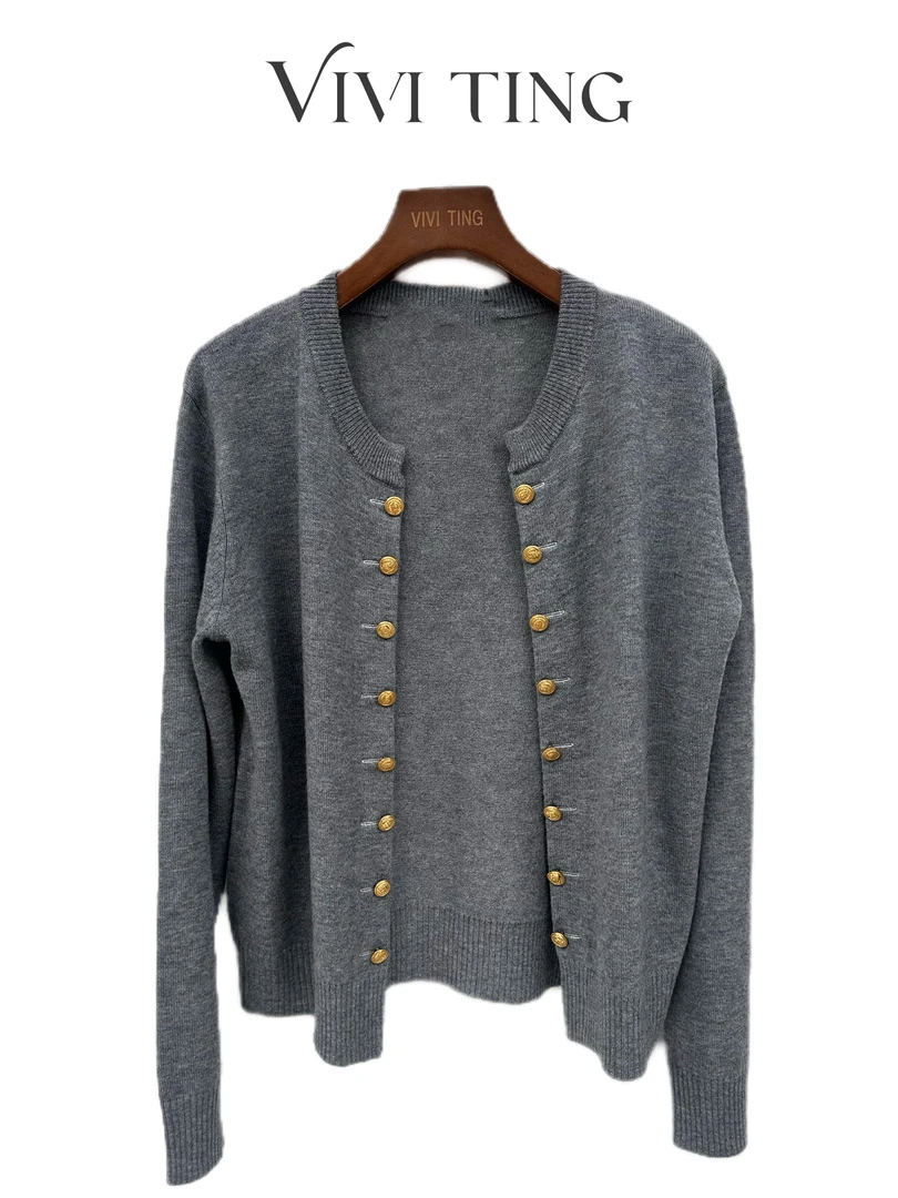 【VIVI·TING】婷姐推荐双排扣金扣螺纹弹力小香风长袖针织衫s184