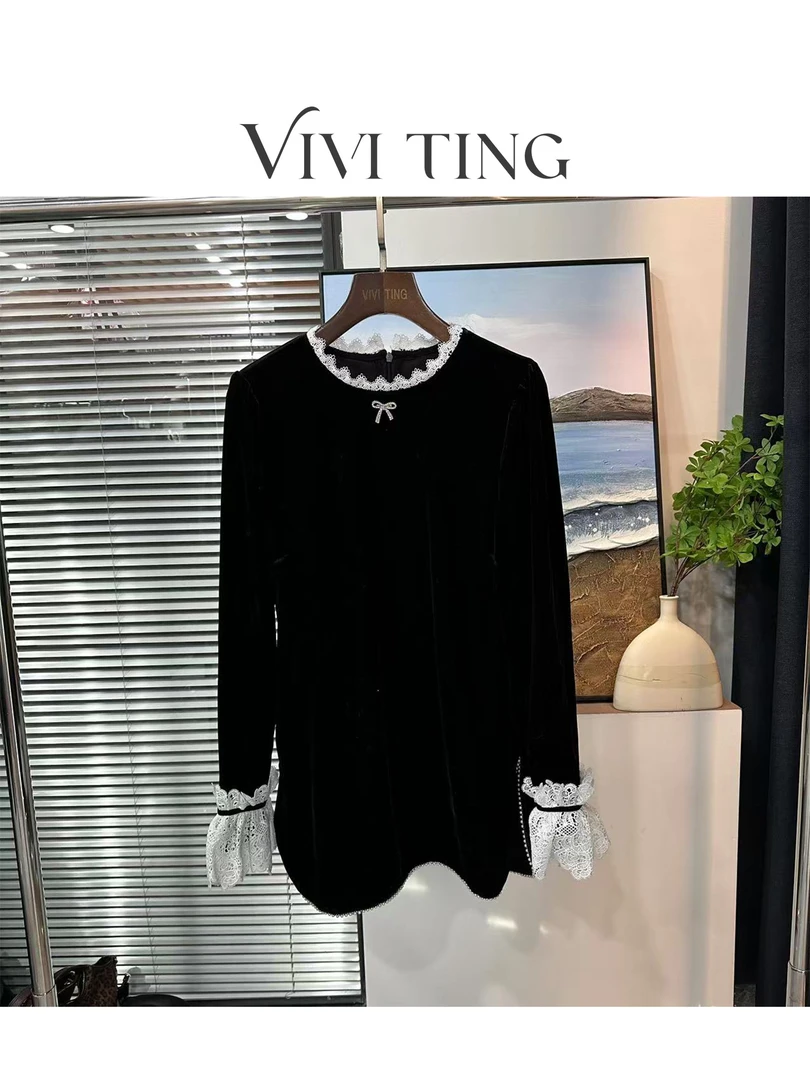 【VIVI·TING】婷姐推荐钩花拼接袖蝴蝶结钉珠下开叉丝绒感上衣s183