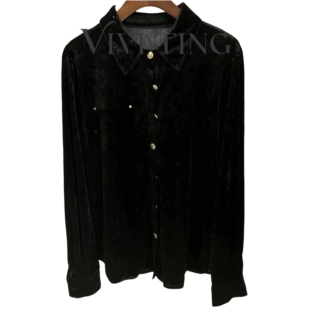 【VIVI·TING】婷姐推荐新款法式设计感小众单排扣丝绒衬衫上衣S330