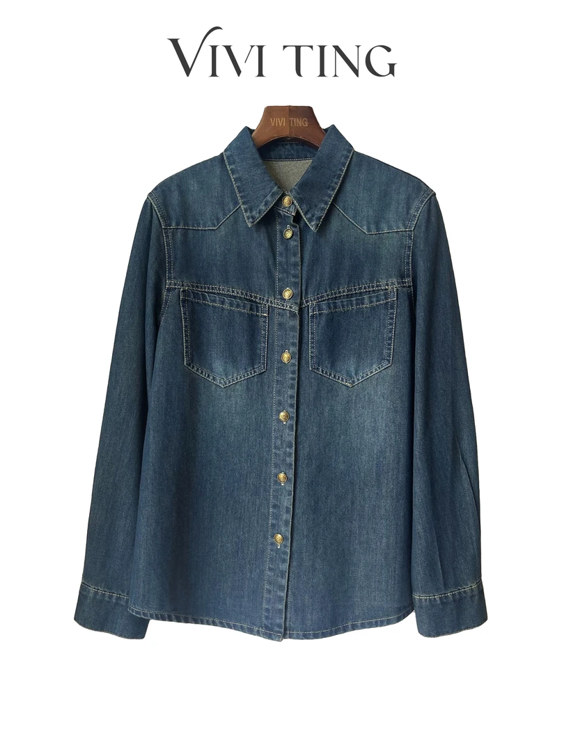 【VIVI·TING】婷姐推荐秋季牛仔外套Polo领单排扣长袖衬衫复古金扣
