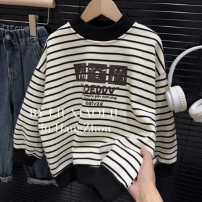 BY LIUXIAOLIU【不费力穿搭】韩版潮流秋冬季儿童加绒条纹卫衣6725