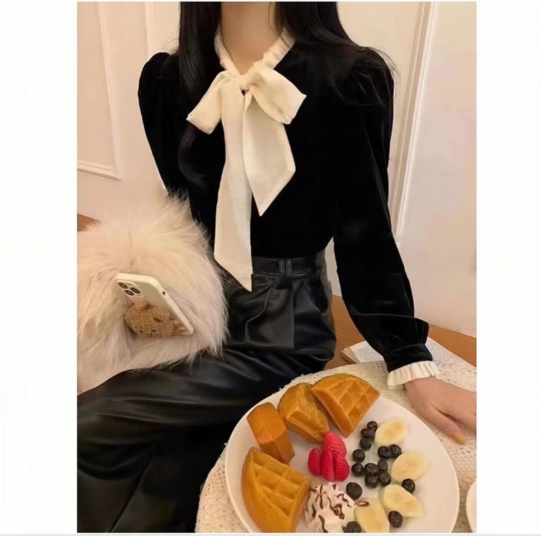 法式高级蝴蝶结系带丝绒衬衫女秋冬宫廷风撞色泡泡袖气质上衣8885