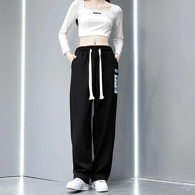 华夫格运动裤男女春秋直筒卫裤显瘦高腰百搭夏季阔腿黑色休闲裤子