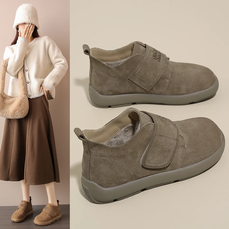 真皮魔术贴勃肯鞋厚底女2024冬季新款磨砂皮平底休闲鞋复古高帮鞋