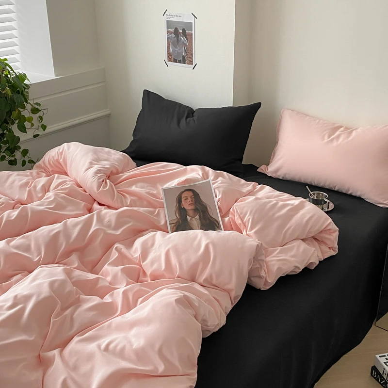 ins纯色混搭粉色水洗面料四件套亲肤简约磨毛单人学生宿舍三件套