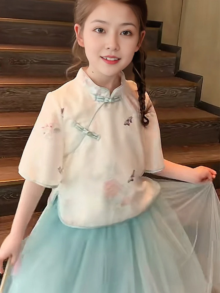 女童新中式女孩旗袍2024春季新款网纱半身裙儿童盘扣复古上衣韩版
