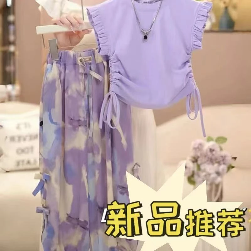 送同款墨镜女童套装夏装2024新款儿童洋气紫色防蚊裤中大童两件套