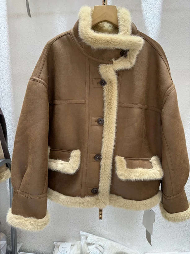 【小Liu姐姐】后工艺做旧复古时尚韩版宽松机车服皮毛一体～P85#