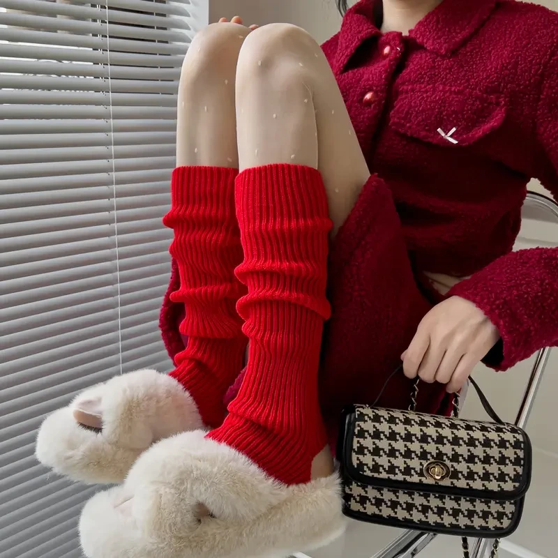 圣诞节新年红色袜套女小腿袜堆堆袜子秋冬踩脚加厚保暖针织腿套jk