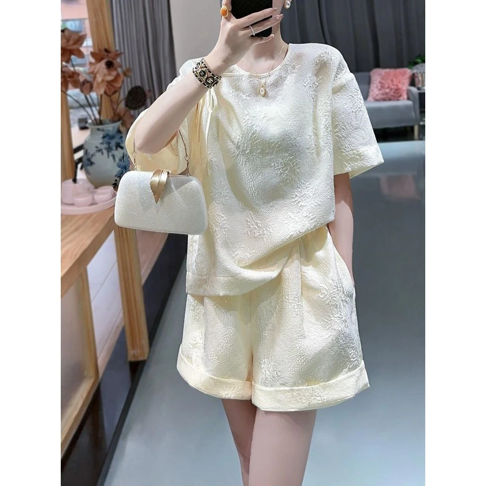 新中式国风提花系带女士套装2024夏季圆领短袖上衣直筒短裤两件套