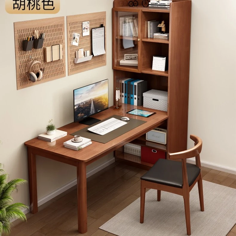 包安装】实木转角书桌书架带书柜一体现代简约学习桌家用电脑桌椅
