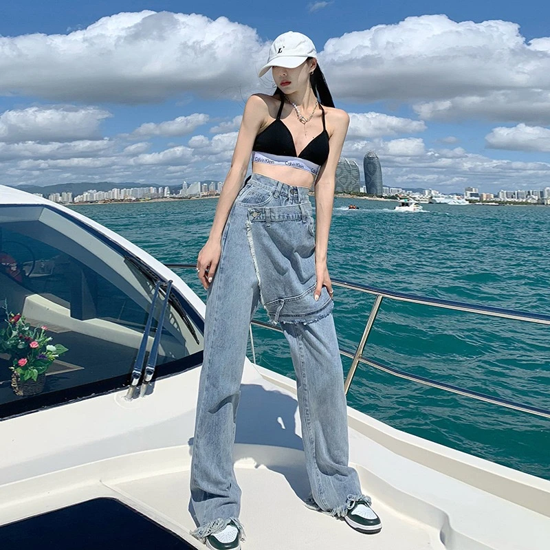 房房不凡 韩国设计感假两件牛仔裤女2023春新款小众设计阔腿显瘦