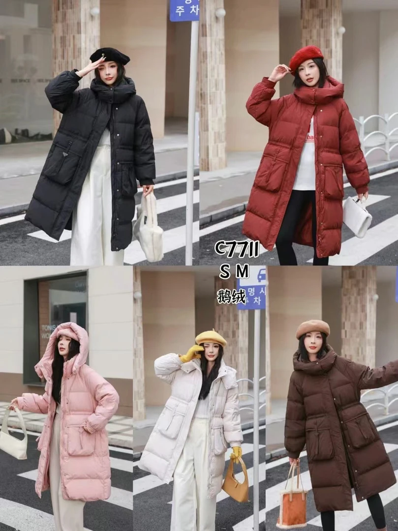 7711款新款高品质连帽长款显瘦鹅绒服外套