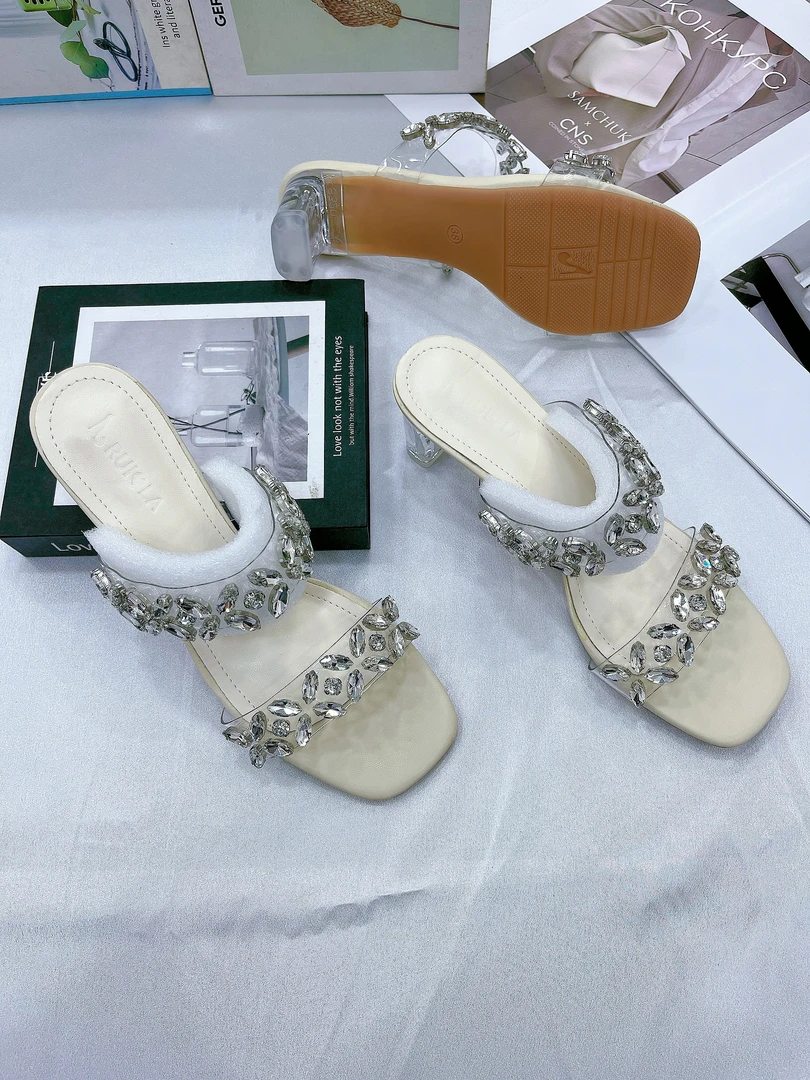 (星空钻石)水晶跟凉鞋女2024新款夏季中跟露趾高跟粗跟透明凉拖鞋