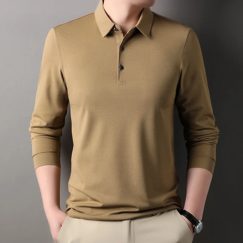男士长袖T恤百搭春秋季薄款宽松纯色商务翻领高贵说档次POLO衫