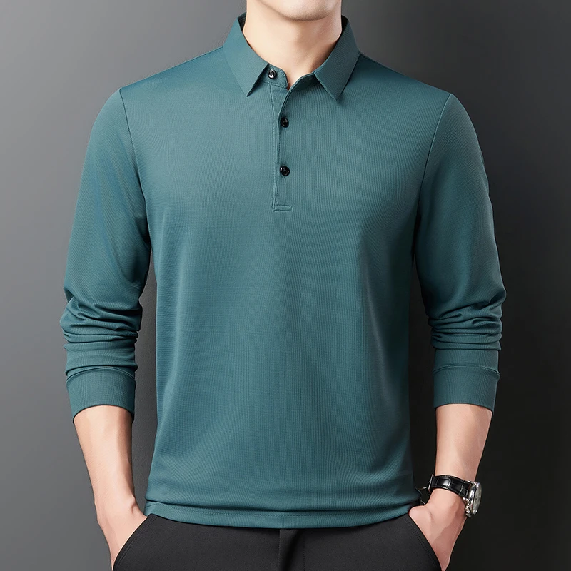 春夏新款装纯色长袖t恤中年男士翻领薄款休闲春季打底衫上衣宽松