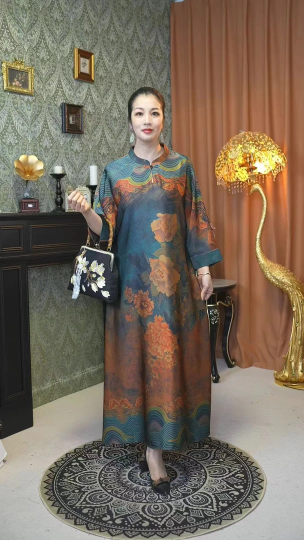 海兰—【夜莺】夏季新中式复古民族风气质别致长款云锦缎连衣裙