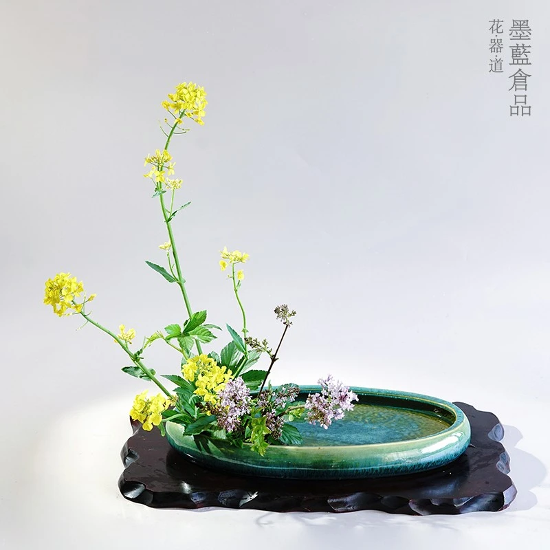 陶瓷手作窑变椭圆花盘写景日式花道插花开片手工大盘禅意花器