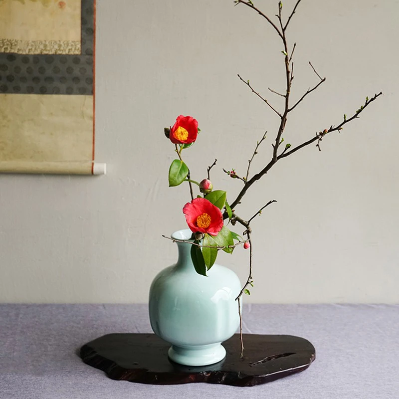 小原流豆青瓶小众花瓶花器瓶花文人调投入花日式花道插花送底座