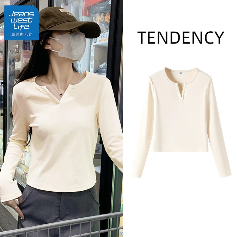 真维斯无界V领长袖T恤春季新款修身显瘦小个子流光风清冷上衣打底