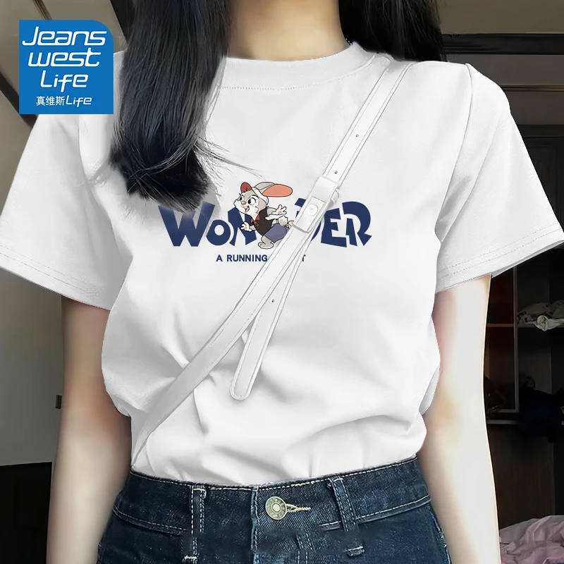 真维斯LIFE白色时尚简约短袖t恤2025夏季卡通印花百搭显瘦上衣潮
