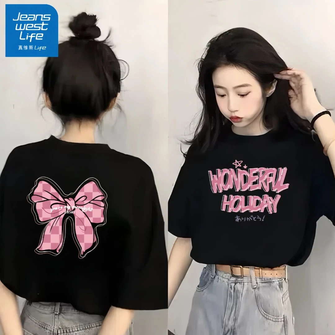 JEANSWEST LIFE黑色t恤女正肩短袖夏季爆款时尚网红同款宽松美式