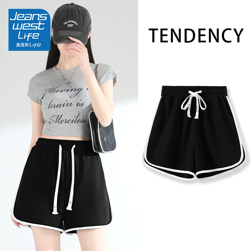 真维斯无界黑色撞色休闲短裤女2025夏季新款高腰运动时尚显瘦短裤