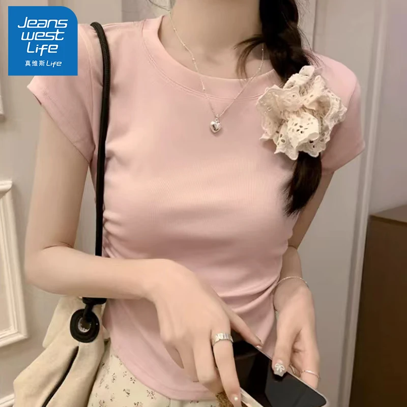真维斯无界粉色正肩紧身短款t恤女2025新款洋气清凉百搭短袖时尚