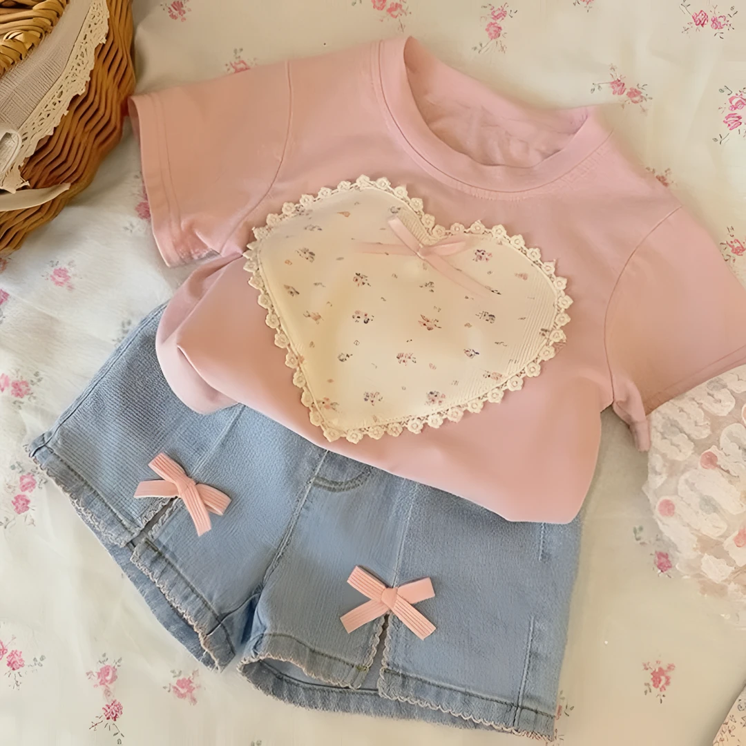 女童夏装套装A类纯棉T恤新款儿童潮款蝴蝶结短袖牛仔短裤两件套
