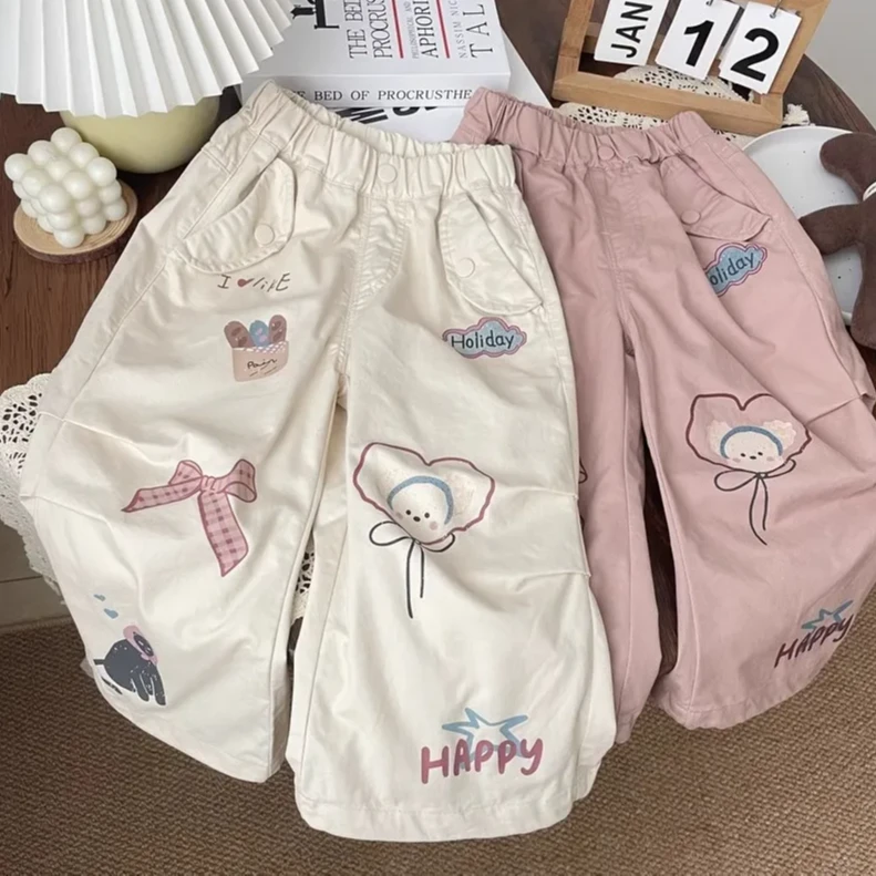 纯棉儿童运动工装裤女童卡通印花宝宝直筒春装休闲裤2024春秋童装