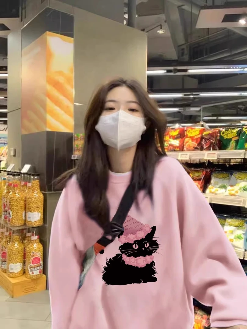 粉色多巴胺无帽圆领卫衣女秋冬加绒加厚宽松oversize小众ins上衣